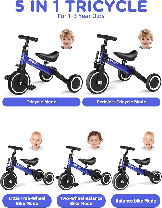 ﻿XJD 5 in 1 Toddler Bike, Tricycle for Toddlers 1-3 with Adjustable Seat Height, Removable Pedals, Ideal Balance Bike Birthday Gifts and Toys for Boys and Girls