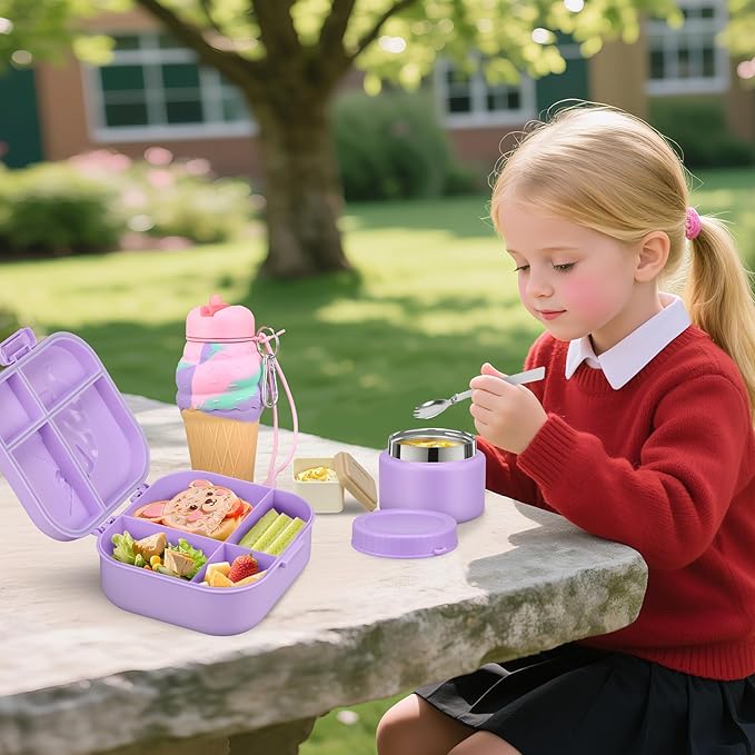 Kids Lunch Box Set -12oz Insulated Food Jar, Thermal Bag,Leakproof Lunch Food Containers Cutlery (BPA Free)-Gift for Girls/Boys Age 3-10(Purple+Purple Jar)