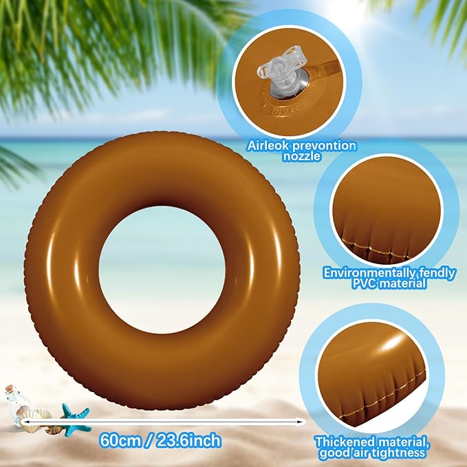 6 Pcs Inflatable Pool Floats 24 Inches Swim Tube Bulk Swimming Ring Pool Floaties for Beach Party Decorations Women and Men River Lake Summer Vacation Holiday(Light Brown)