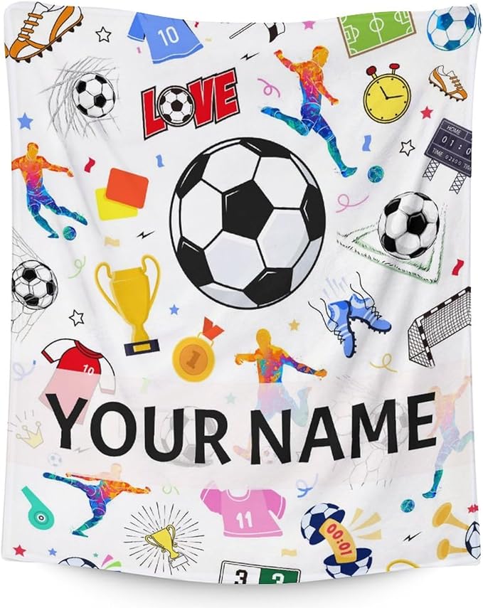 Personalized Soccer Blanket for Kids - 50x60 Inches Soft Fuzzy Cozy Throws Gifts for Soccer Players - Colorful Sports Throw Blanket for Couch, Living Room & Office