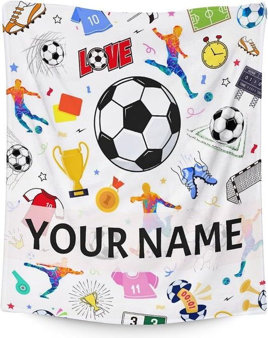 Personalized Soccer Blanket for Kids - 50x60 Inches Soft Fuzzy Cozy Throws Gifts for Soccer Players - Colorful Sports Throw Blanket for Couch, Living Room & Office