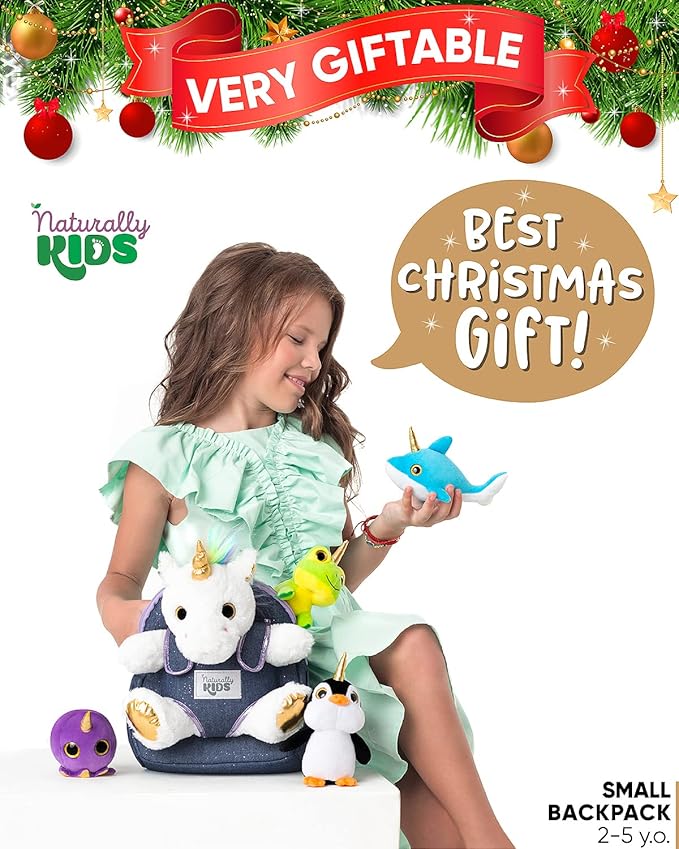 Naturally KIDS Toddler Unicorn Backpack w Plush Unicorn Toys, Gifts for 2-5 Year Old Girls, Toddler Backpack
