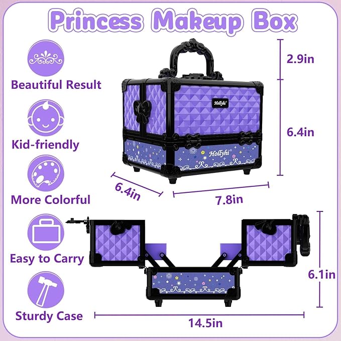 Hollyhi 59Pcs Kids Makeup Kit for Girl, Washable Play Makeup Toys Set for Dress Up, Beauty Vanity Set with Cosmetic Case Birthday Toys for Girls 3 4 5 6 7 8 9 10 11 12 Year Old Kids Toddlers (Purple)