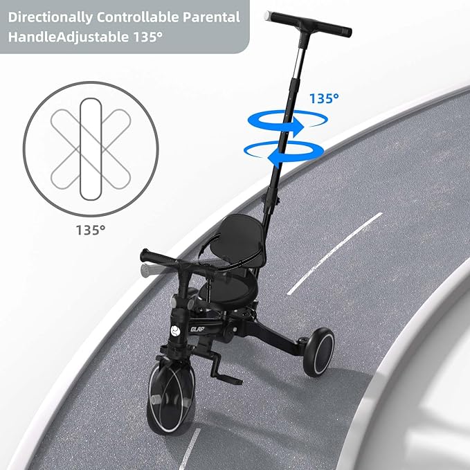 Glaf Toddler Bike Tricycle with Push Handle for 1-3 Years Old Baby Boys and Girls Kids Trike Balance Bike Birthday Toy with Removable Pedals Adjustable Seat Height and Backrest (Black)