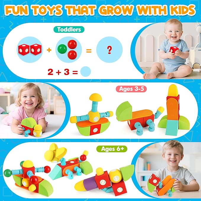 26 PCS Magnetic Foam Blocks, STEM Preschool Toys for Children, Magnetic Building Blocks for Toddlers, Kids Bath Toys and Montessori Sensory Toys, Birthday for Boys & Girls Age 3 4 5 6+