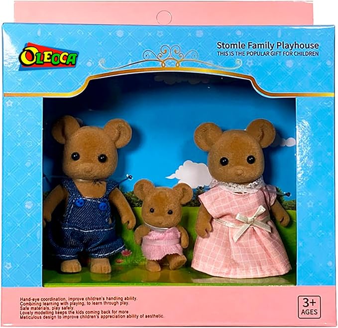 Family Brown Mouse Figures — Set of 3 Collectible Flocked Mini Dolls with Removable Clothes, Miniature Dollhouse Pretend Play Figures for Kids Ages 3+