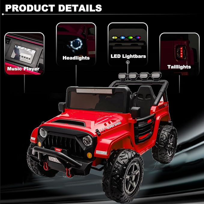 NEWQIDA 24V 2 Seater Ride on Truck Car with Remote Control 24V Ride on Toys for Big Kids Electric Vehicles 4x4 Off-Road Style, EVA Tires, 4x200W Motors, Spring Suspension, Soft Braking, Music, Red