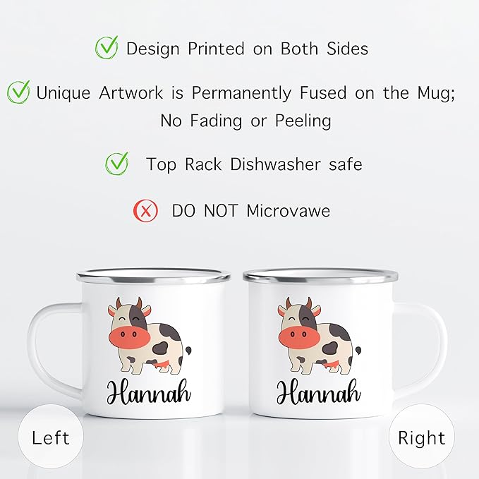 Personalized Mug for Kids, Boys, Girls | Customized Cocoa, Hot Chocolate, Coffee & Milk Cup | Custom Name Birthday Gift Party Favors | 11 Oz Stainless Steel Camping Mug Unbreakable | Cow