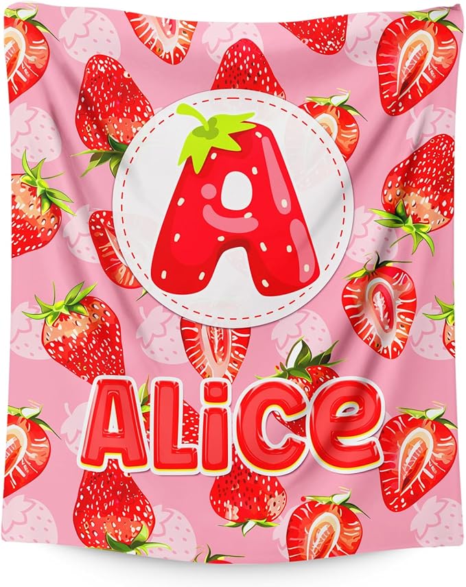 Personalized Blanket for Girls Kids Toddlers, Custom Strawberry Throw Blanket Gifts with Initial Letter, 4 Sizes Optional Soft Bedding Blankets for Couch Sofa Bed
