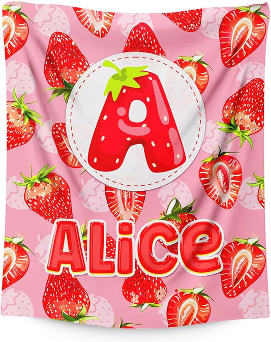 Personalized Blanket for Girls Kids Toddlers, Custom Strawberry Throw Blanket Gifts with Initial Letter, 4 Sizes Optional Soft Bedding Blankets for Couch Sofa Bed