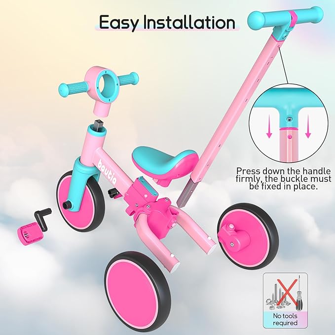 Kids Tricycle with Push Handle for Toddlers 1-4 Years Old Boys Girls Gift, 5 in 1 Baby Balance Bike for Toddlers 1-3 with Removable Pedals (No Parent Steering Version)