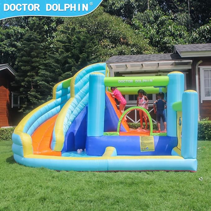 Doctor Dolphin Water Bounce House Inflatable Water Slide Park for Kids Backyard Summer Outdoor Fun with Water Gun Climbing Wall Splash Pool