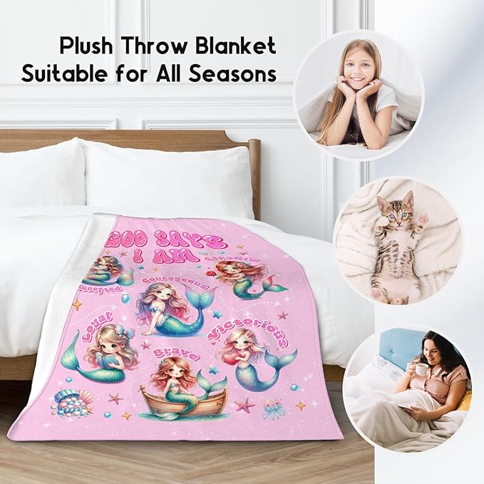 Mermaid Throw Blanket for Girls, Kids God Says I Am Gift, Cute Fuzzy Fleece for Couch & Chair, 40"x50" Mermaid Party Decorations