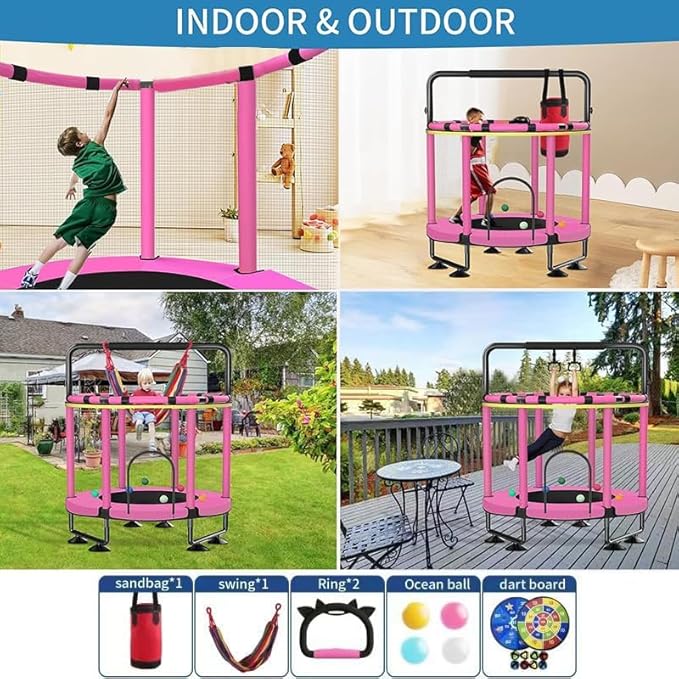 Trampoline for Kids, Upgrade Full Anti-Rust 440lbs Indoor Outdoor Toddler Trampoline with Net, 55" Adjustable Baby Toddler Trampolines Accessories with 8 Toys Dart Board