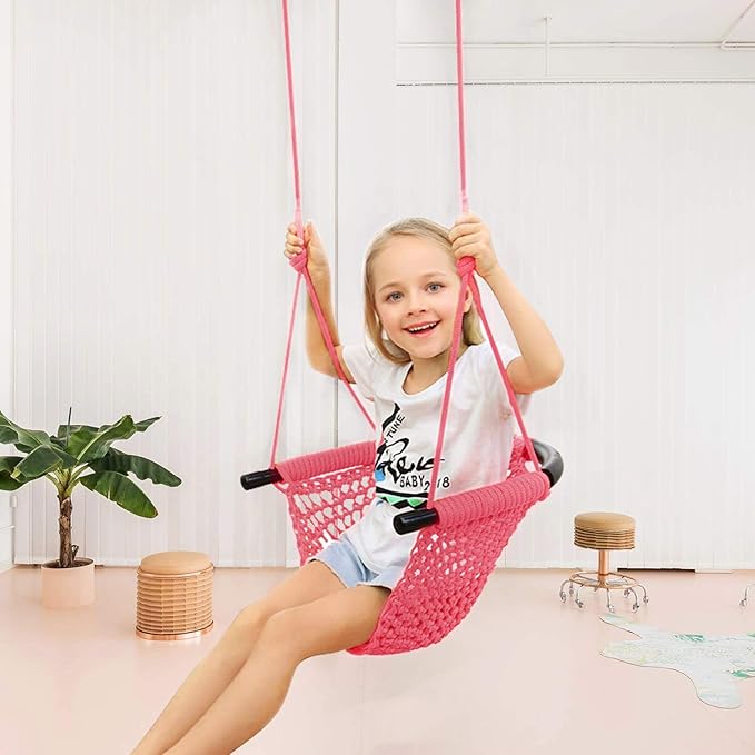 JKsmart Swing Seat for Kids Heavy Duty Rope Play Secure Children Swing Set,Perfect for Indoor,Outdoor,Playground,Home,Tree,with Snap Hooks and Swing Straps,440 lbs Capacity,Pink