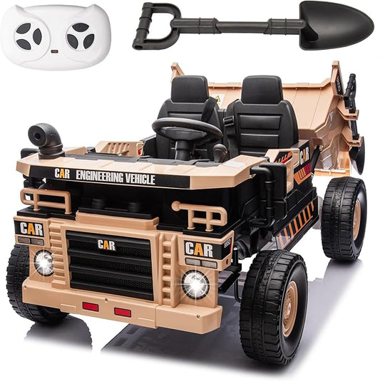 24V 4WD 2-Seater XL Kids Ride on Truck Electric Toy Car with Electric Dump Bed, Parents Remote Control Kids Car Tractor Toys Ride-on Dump Truck for Boys and Girls Ages 3+, Khaki
