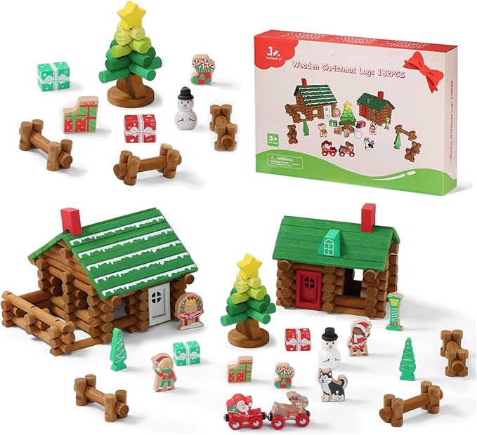 SainSmart Jr. 182Pcs Christmas Wooden Logs Set Building House Toy for Toddlers, Classical STEM Construction Kit Compatible with Lincoln Logs for 3+ Kids