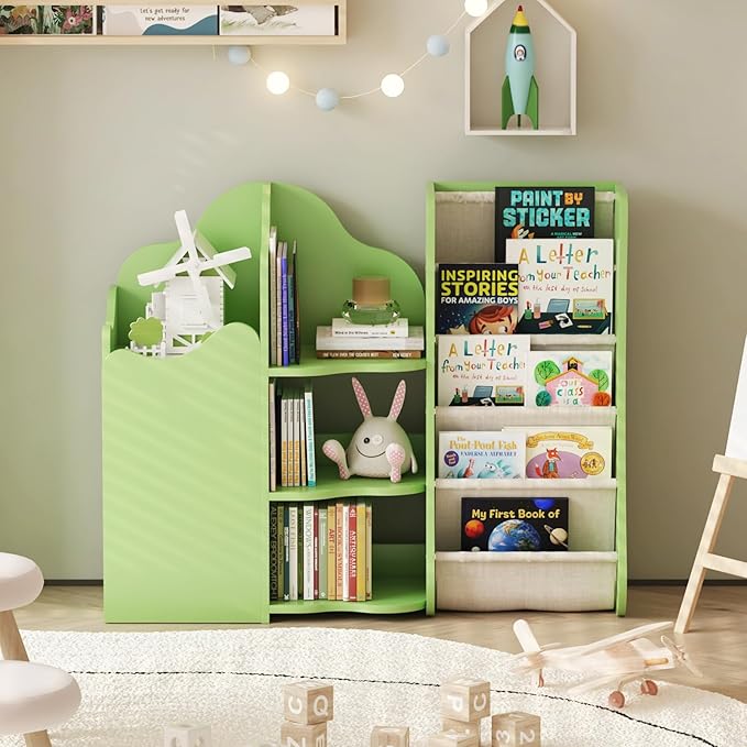 Tree House Kids Bookshelf Toddler Bookcase 4-Tier Baby Book Rack Sling Pocket Cabinet Children Toy Storage Organizer Wood Display Shelf Nursery Playroom Bedroom Classroom Preschool Boy Girl Gift