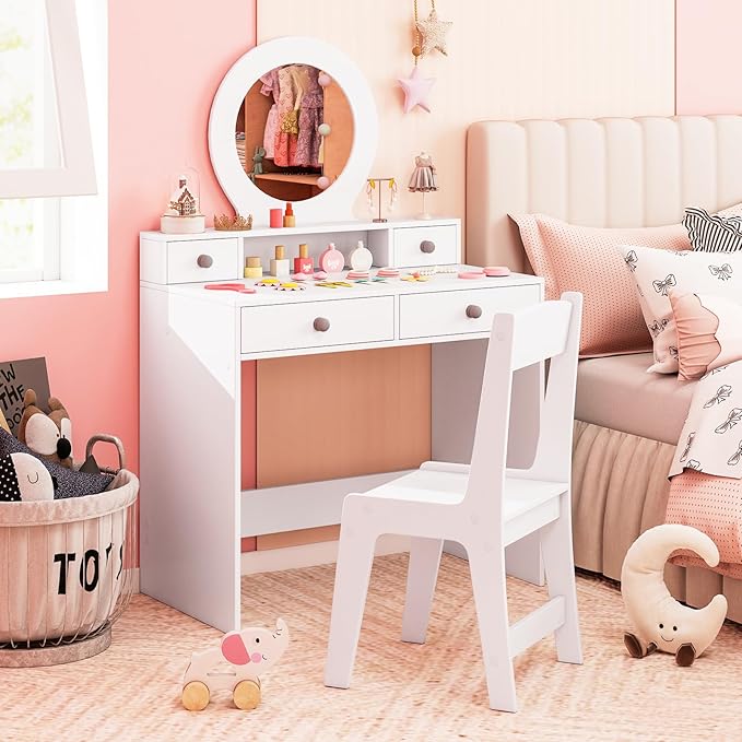 Costzon Kids Vanity, Princess Makeup Dressing Desk with Mirror and Stool, 4 Storage Drawers, Pretend Play Vanity Table and Chair Set for Little Girls (White)