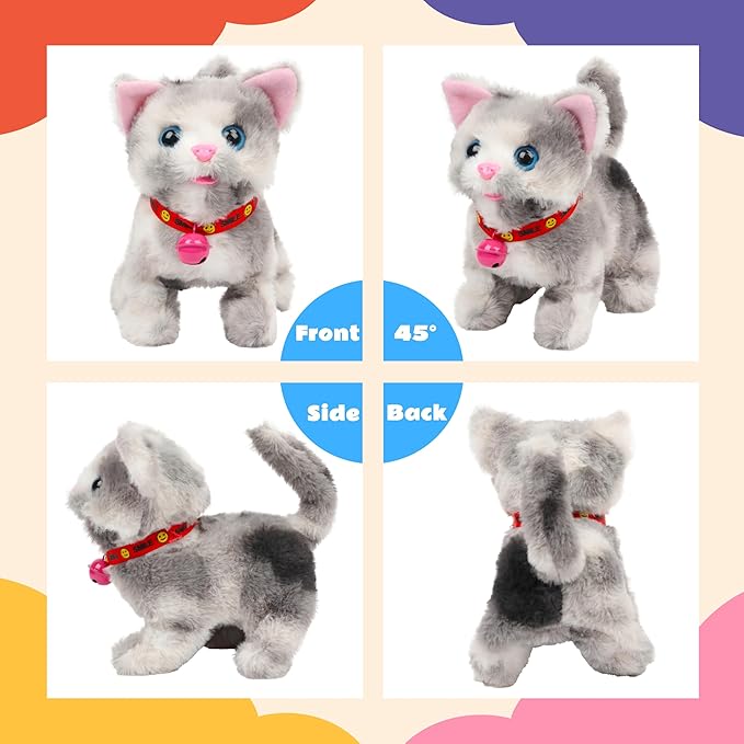 Cuteoy Walking Grey Cat Stuffed Animal Talking Wagging Nodding Educational Plush Kitty Toy Electric Interactive Animated Plushies for Girls Boys Birthday, 7"
