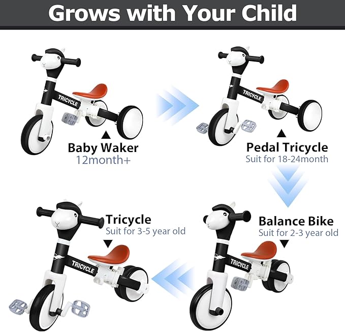 Tricycle for Toddlers 3 Year Olds, Toddler Balance Bike for Boys Girls 2-4, Toddler Tricycle with Light & Music Front, Kids Bicycle with Removable Pedal, Birthday Gifts for 2 3 4 5 Year