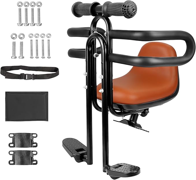 Child Bike Seat - Front Mount, Kids Bike Seat for Adult Bike,Retractable Baby Bike Seat Front Mounted, Toddler Bike Seat for Children 8 Months~4+ Years Old, Brown/Black
