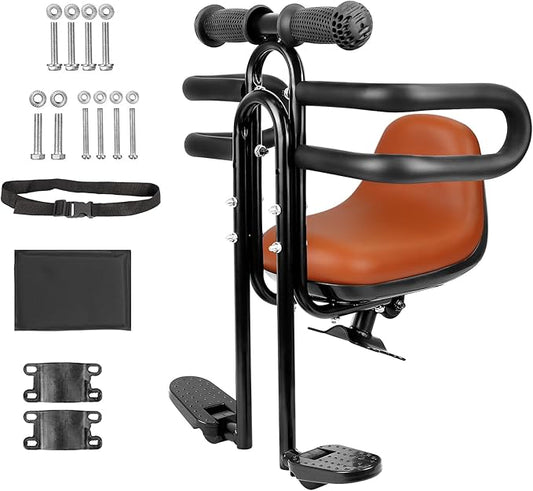 Child Bike Seat - Front Mount, Kids Bike Seat for Adult Bike,Retractable Baby Bike Seat Front Mounted, Toddler Bike Seat for Children 8 Months~4+ Years Old, Brown/Black