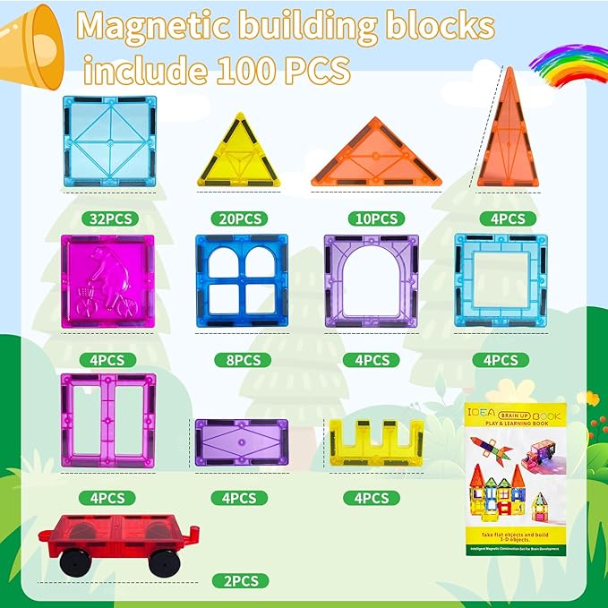 100 Piece Set Magnet Building Tiles Toddler Toys Magnetic 3D Blocks Construction Playboards for Kids Ages 3-12