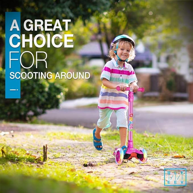 BELEEV Scooters for Kids 3 Wheel Kick Scooter for Toddlers Girls Boys, 4 Adjustable Height, Lean to Steer, Light up Wheels, Extra-Wide Deck, Easy to Assemble for Children Ages 3-12 (Rose Pink)