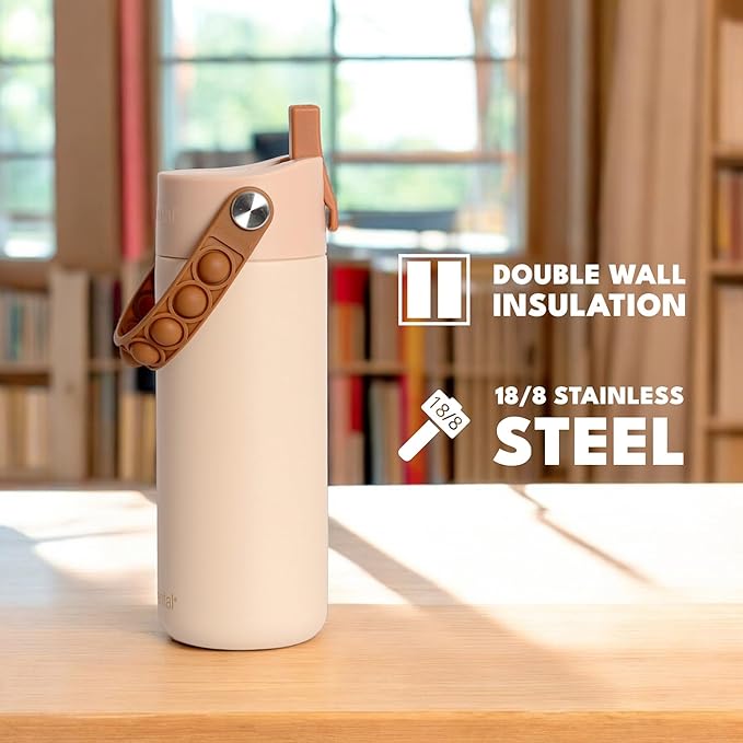 Elemental Insulated Kids Water Bottle, Stainless Steel Water Bottle with Straw Lid & Pop-It Handle, Leak-Proof Water Bottles for School, Boys or Girls, Travelling and Sports, 18oz - Beige