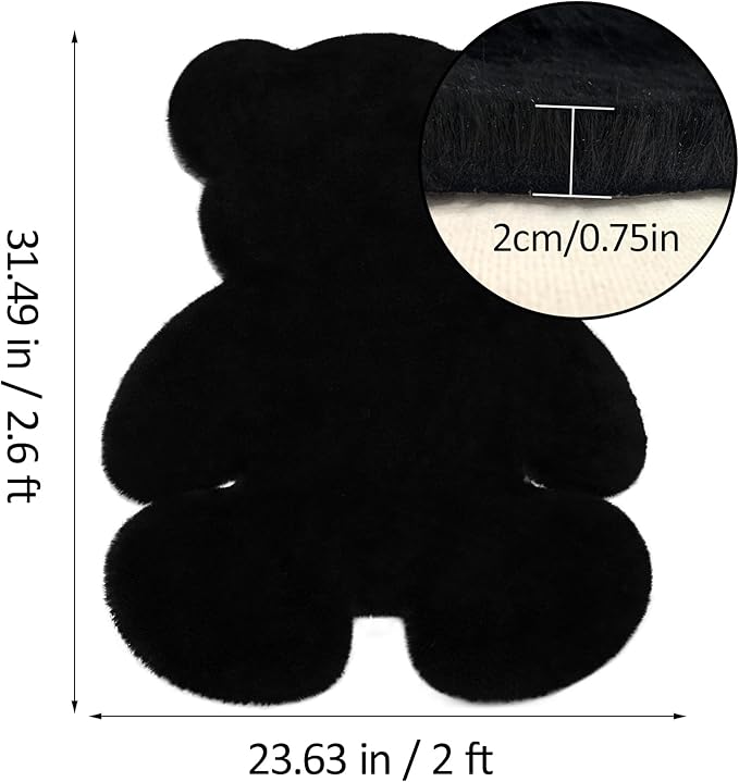 2ft Black Small Bear Shag Rug, Soft Fluffy Faux Sheepskin Fur Rug Fuzzy Shaggy Area Rug Cute Plush Carpet for Nursery Kids Girls Bedroom Room Aesthetic Living Room Floor Home Decor, Black