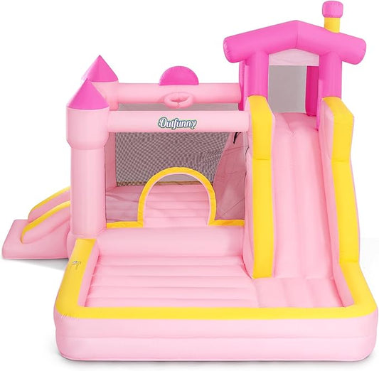 Inflatable Bounce House, Large Bouncy Castle for Kids with Slide, Outdoor & Indoor, 450W Blower - Pink