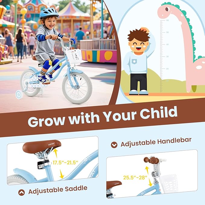 COSTWAY Kids Bike, 12 14 16 18 Inch Toddler Bike Children Bicycle w/Training Wheels, Hand & Coaster Brakes, Adjustable Saddle & Handlebar, Basket, Bell, Kids Bicycle for Girls Boys Aged 3-8 Years Old