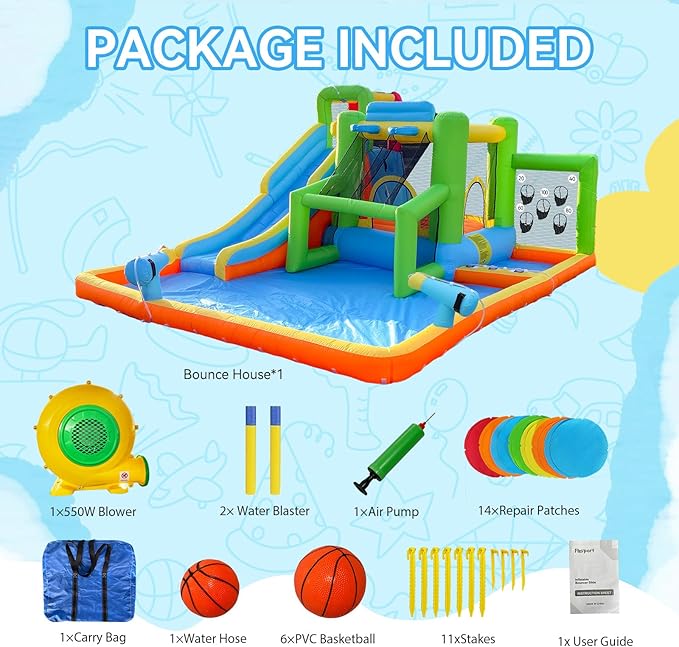 FBSPORT Inflatable Bounce House Water Slide, Bounce House for Kids Indoor Outdoor Bouncy House with 550W Blower, Bounce Castle with Slide Ball Shooting, Water Gun, Splash Pool, Bounce Area, Hose