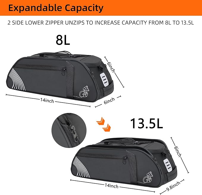 Rear Bike Rack Bag, 13.5L Waterproof Bicycle Ebike Saddle Bag Bicycle Trunk Pannier Rear Seat Bag with Reflector, Cycling Bike Carrier Backseat Storage Luggage for Commuter Travel
