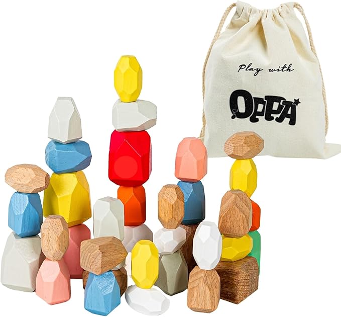 OPPA 36PCS Wooden Stacking Rocks, Montessori Sensory Toys for Toddlers, Building Rocks Stones Games,Stacking Stones for Kids Gifts