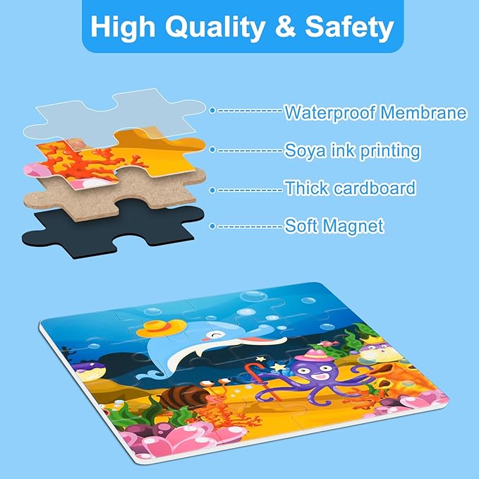 ASTARON Magnetic Puzzles for Toddlers, 12-16-25 Pieces Ocean Learning Magnet Puzzles for Road Trip, Educational Travel Toys Car Plane Activities for Kids, Kids Birthday Gifts