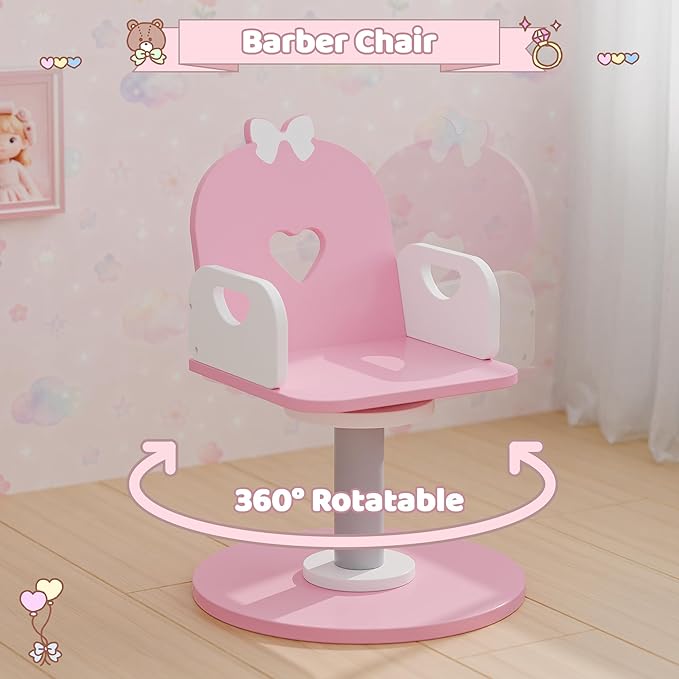 Kids Vanity Set with Light and Barber Chair, Pink Makeup Dressing Vanity Table with Storage Shelf and Hair Salon Play Set 7 pcs Accessories, Pretend Play Vanity Set for Toddler Girls