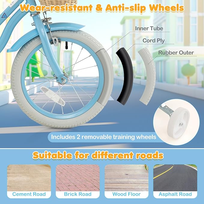 BABY JOY Kids Bike, 14 16 18 Inch Retro Kids Bicycles for 3-8 Years Old Children with Training Wheels, Adjustable Height, Rattan Basket, Handbrake & Coaster Brake, Boys Girls Bike (Pink, Green, Blue)