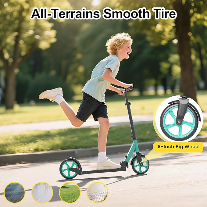 SIMATE Kick Scooter for Kids Teens & Adults, 4 Adjustable Heights, 8IN All Terrain Big Wheels, Foldable and Lightweight, Gifts for Girls Boys