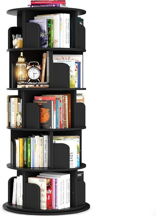 Rotating Bookshelf Tower, 5 Tier Spinning Bookcase, Revolving 360 Book Shelf Narrow Tall Bookcase, Vertical Turning Round Bookshelf Organizer, Wood Corner Book Shelf for Small Space, Black