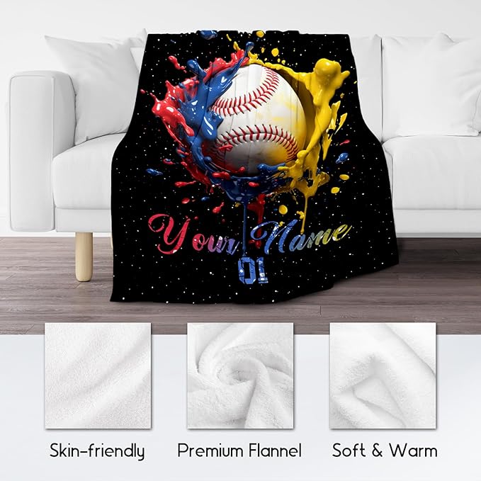 Personalized Baseball Blanket, Custom Baseball Gifts for Kids Boys Men, Sport Throw Blankets for Adults Team Player, Soft Flannel Throws Gift Home Decor (Colorful, 40x50 Inch)
