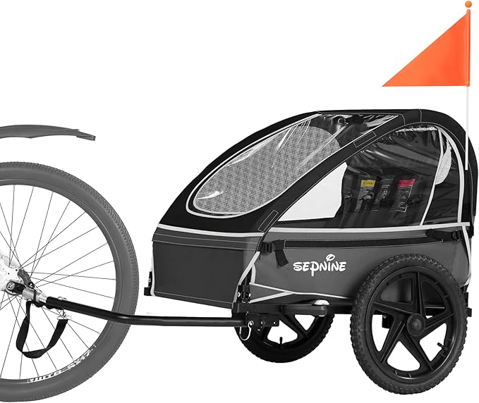 Sepnine Kids Bike Trailer, Suitable for 1 to 2 Kids, 12+ Months, Quick Attach to Bike, Foldable, with 5-Point Harness and Storage Bags