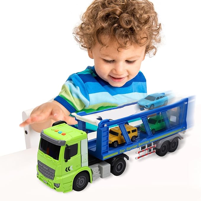 Alomejor Truck Toy, Double Deck Transport Truck with 4 Race Cars Music Light Friction Powered for Kids Boys Toddlers Vehicle Play Set