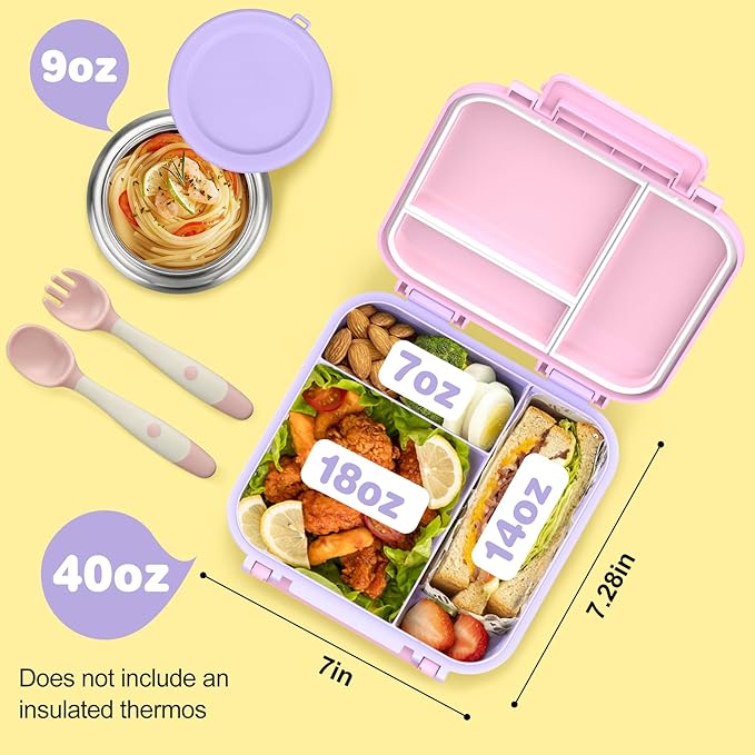 Bento Lunch Box for Kids with 9oz Thermo, Leak-proof Lunch Containers with 3 Compartments,Kids-friendly Size,Durable/Dishwasher Safe Lunch Box for School Outdoors Purple-Pink