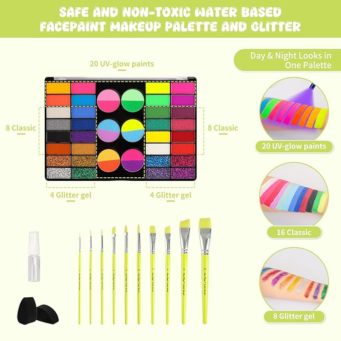 Pintada 44 Color Face Painting Kit for Kids - Non Toxic Water Activated Face Paint Palette with Stencils, Brushes, Gems & Glitter. Halloween, Carnival, Party; Costume Makeup for Creative Activities