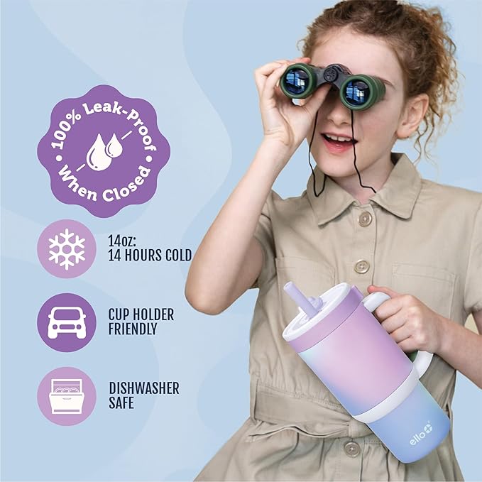 Ello Oasis 14oz Stainless Steel Toddler Tumbler with Handle & Retracting Straw, 100% Leakproof, Double-Wall Vacuum Insulated, Kids Water Bottle for School, BPA Free, Dishwasher Safe, Purple Swirl