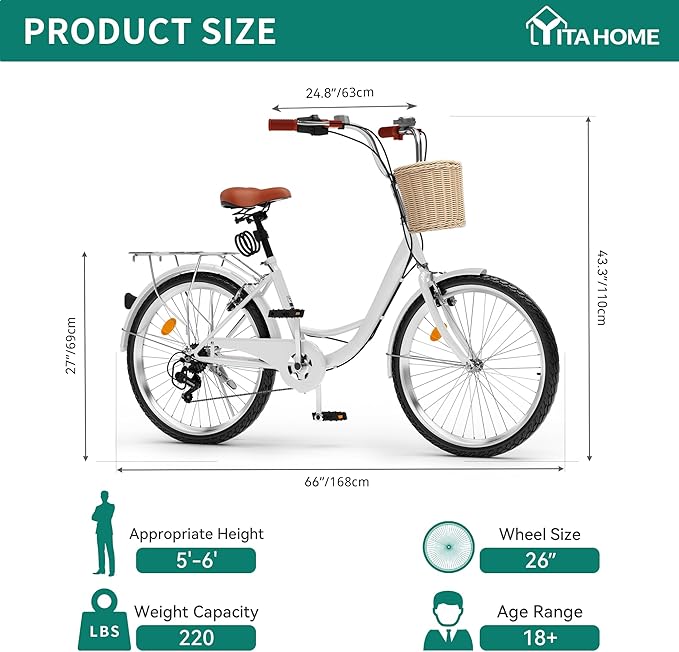 YITAHOME Beach Cruiser Bike for Women, 24 & 26 inch Commute Bike for Adults, 1 & 7 Speed Womens Bicycle with Basket Adjustable Seat, Multiple Color