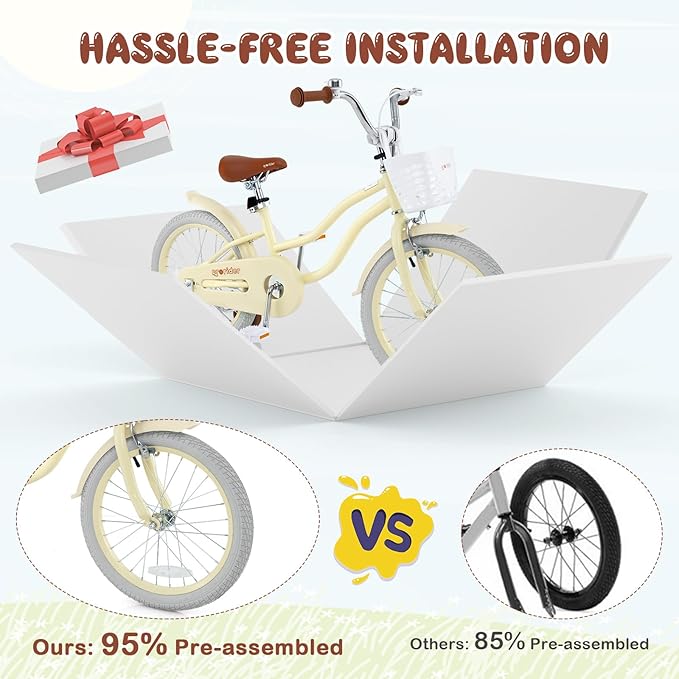 BABY JOY Kids Bike, 12 14 16 18 20 Inch Boys Girls Bike w/Adjustable Seat, Removable Basket, Handbrake & Coaster Brake, Training Wheels or Kickstand, Kids Bicycle with Multi-Color