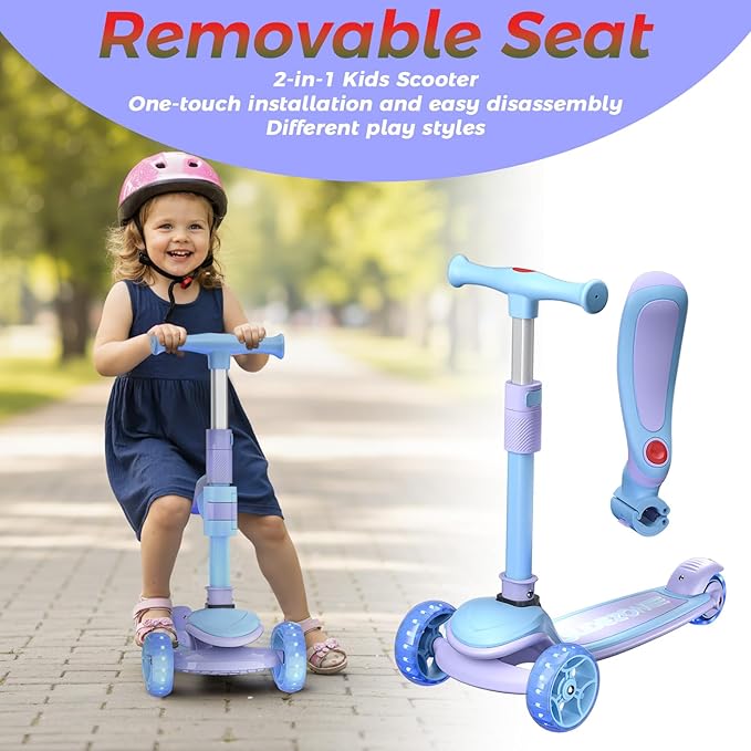 YING LU 2-in-1 Kids Scooter, 3-Wheel LED Light Up Scooters for Kids 3-8, Adjustable Height Handlebar & Removable Seat, Lean-to-Steer Toddler Scooter with Rear Foot Brake (Purple)